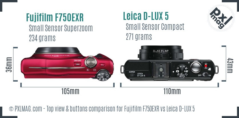 Fujifilm F750EXR vs Leica D-LUX 5 top view buttons comparison