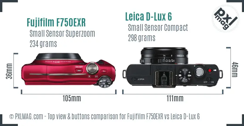 Fujifilm F750EXR vs Leica D-Lux 6 top view buttons comparison