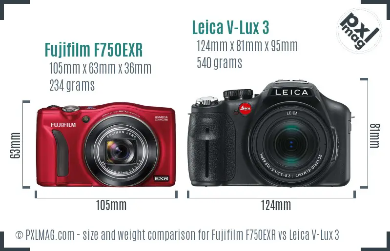 Fujifilm F750EXR vs Leica V-Lux 3 size comparison Fujifilm F750EXR vs Leica V-Lux 3 size comparison