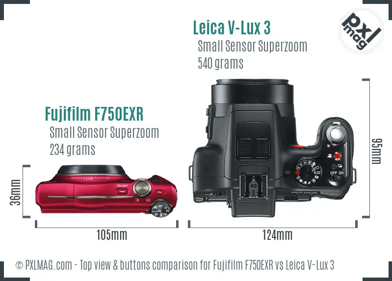 Fujifilm F750EXR vs Leica V-Lux 3 top view buttons comparison Fujifilm F750EXR vs Leica V-Lux 3 top view buttons comparison