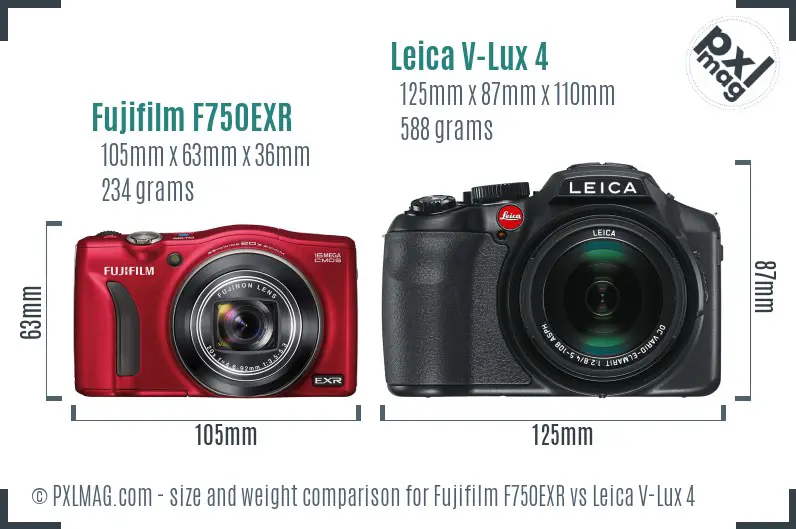 Fujifilm F750EXR vs Leica V-Lux 4 size comparison