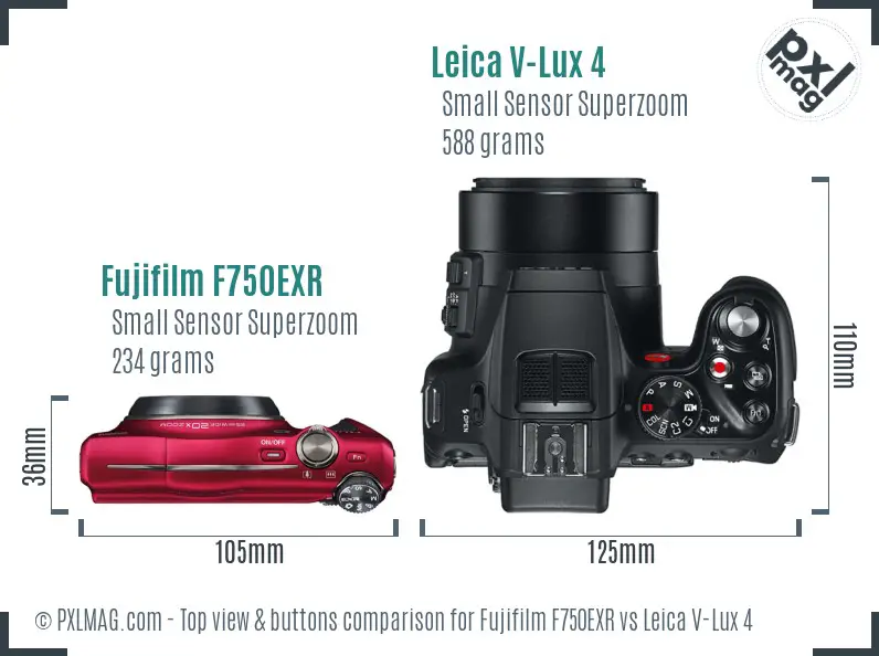 Fujifilm F750EXR vs Leica V-Lux 4 top view buttons comparison