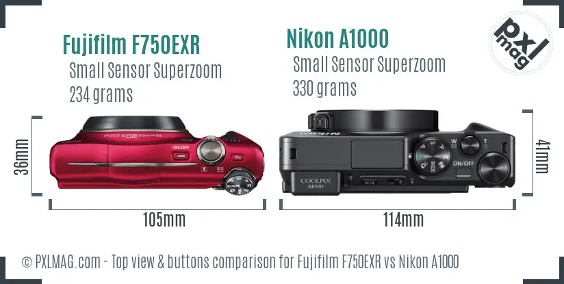 Fujifilm F750EXR vs Nikon A1000 top view buttons comparison