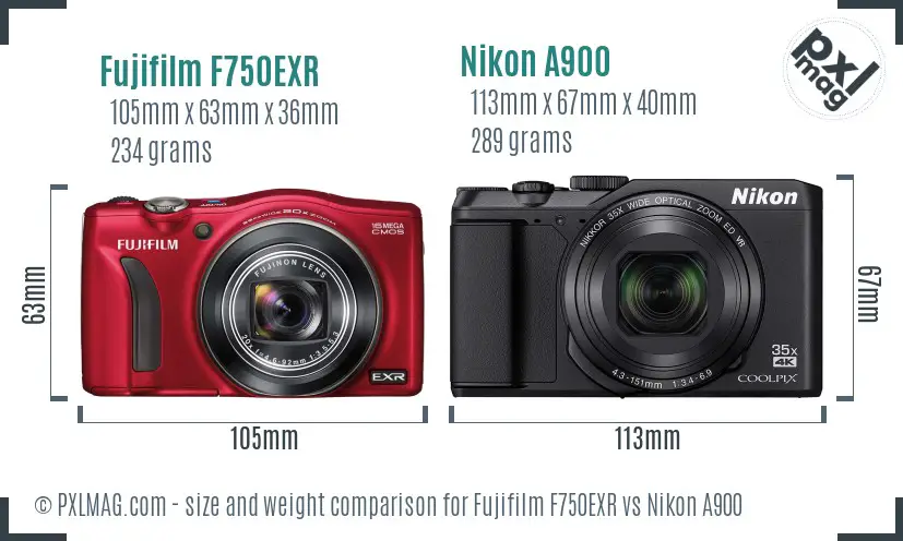 Fujifilm F750EXR vs Nikon A900 size comparison