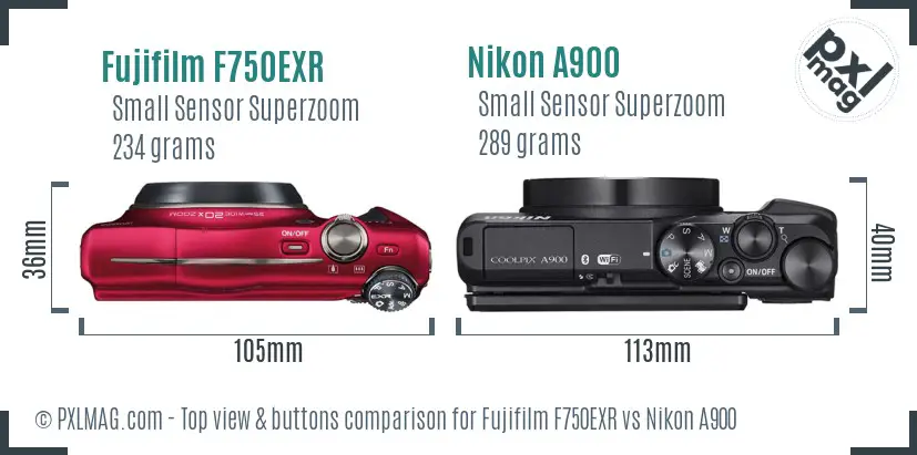Fujifilm F750EXR vs Nikon A900 top view buttons comparison