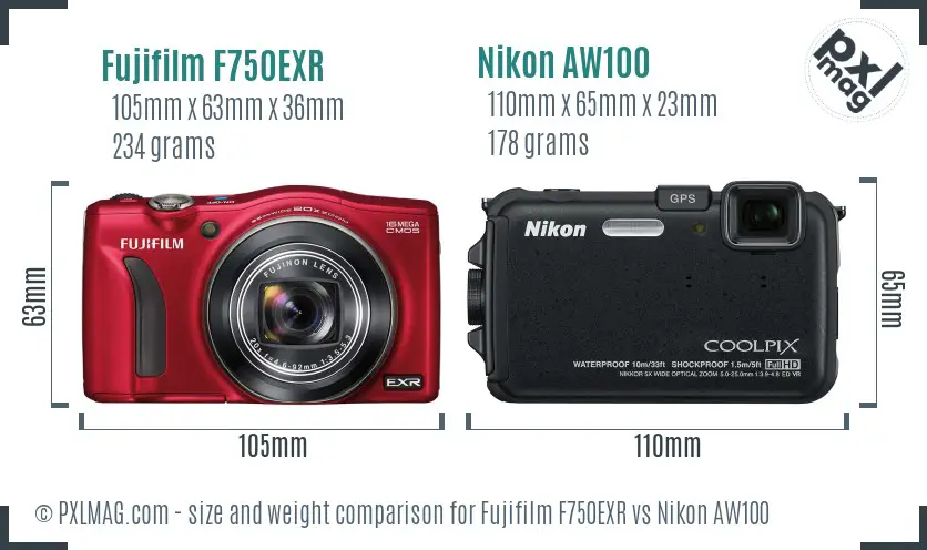 Fujifilm F750EXR vs Nikon AW100 size comparison