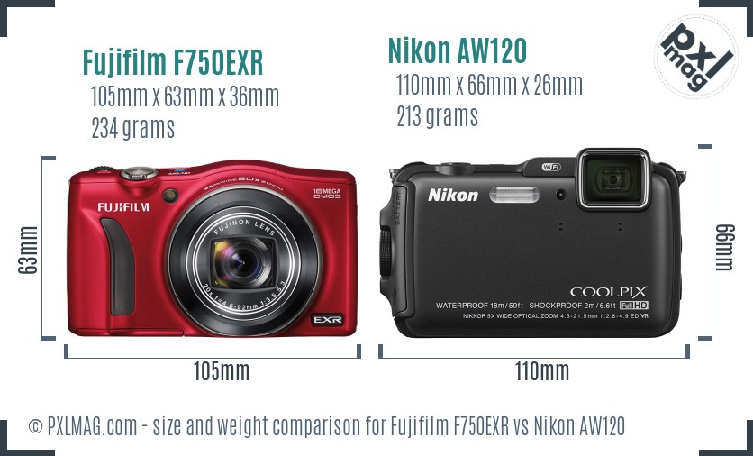 Fujifilm F750EXR vs Nikon AW120 size comparison