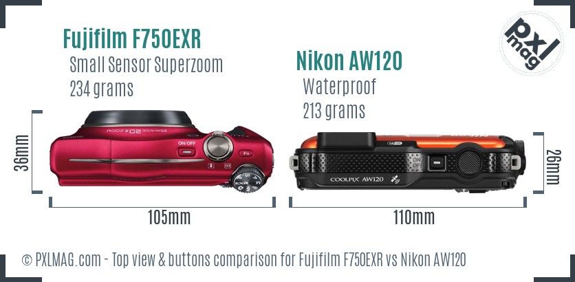 Fujifilm F750EXR vs Nikon AW120 top view buttons comparison