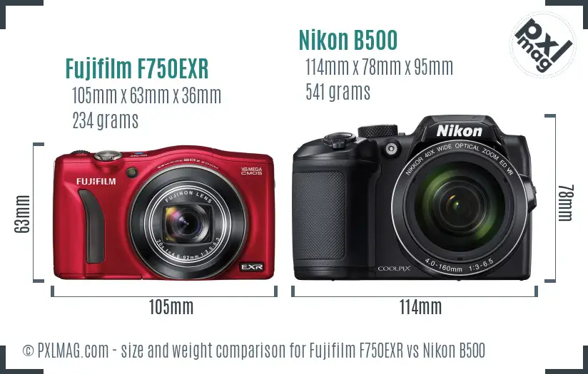 Fujifilm F750EXR vs Nikon B500 size comparison