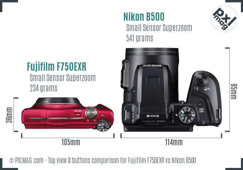 Fujifilm F750EXR vs Nikon B500 top view buttons comparison