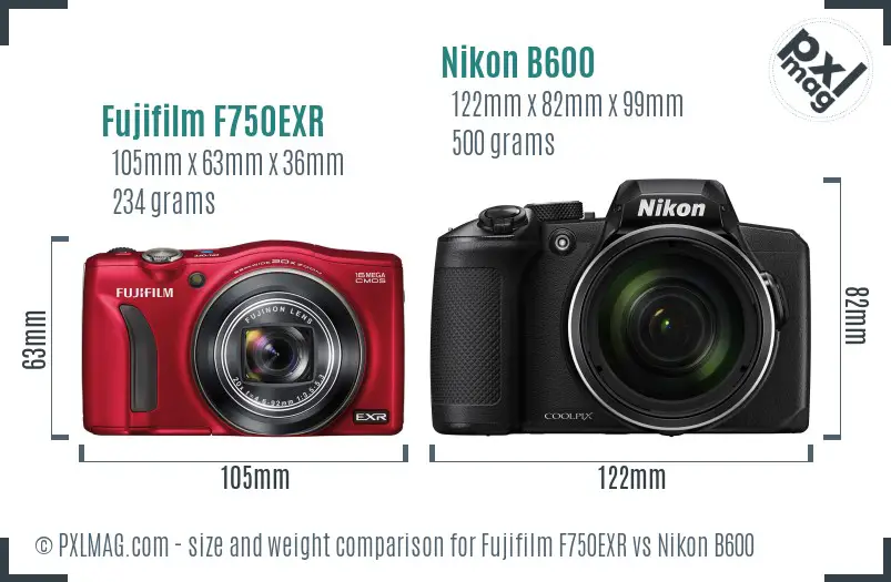 Fujifilm F750EXR vs Nikon B600 size comparison
