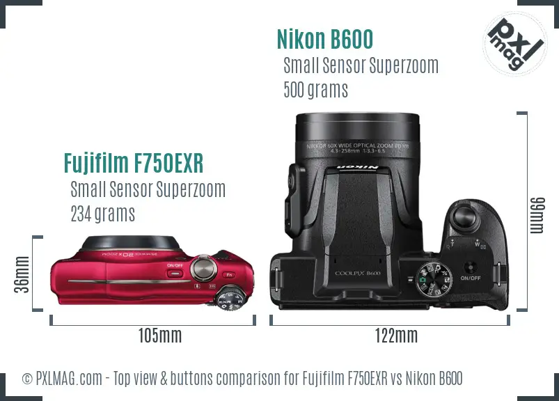 Fujifilm F750EXR vs Nikon B600 top view buttons comparison