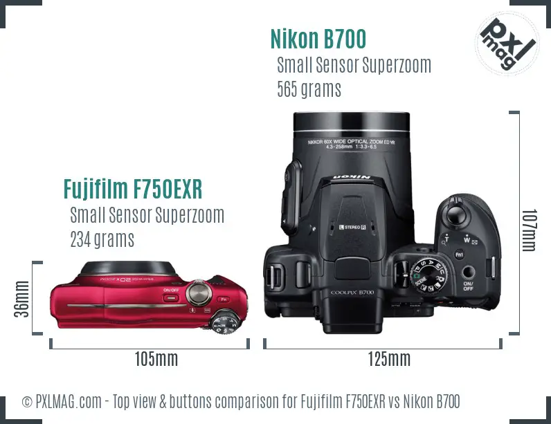 Fujifilm F750EXR vs Nikon B700 top view buttons comparison