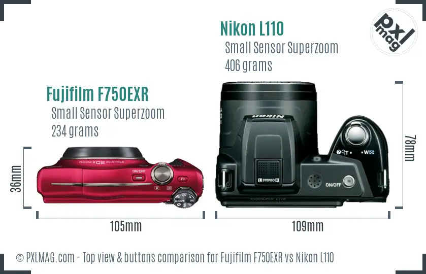 Fujifilm F750EXR vs Nikon L110 top view buttons comparison