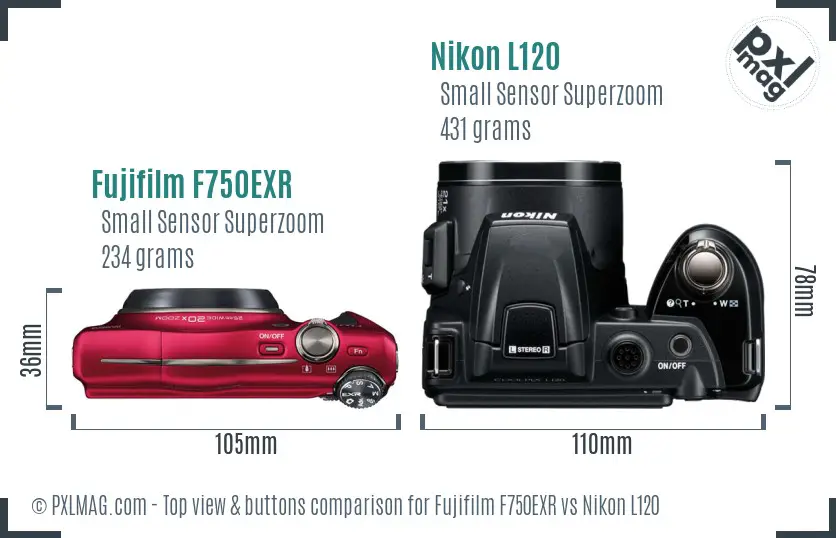 Fujifilm F750EXR vs Nikon L120 top view buttons comparison
