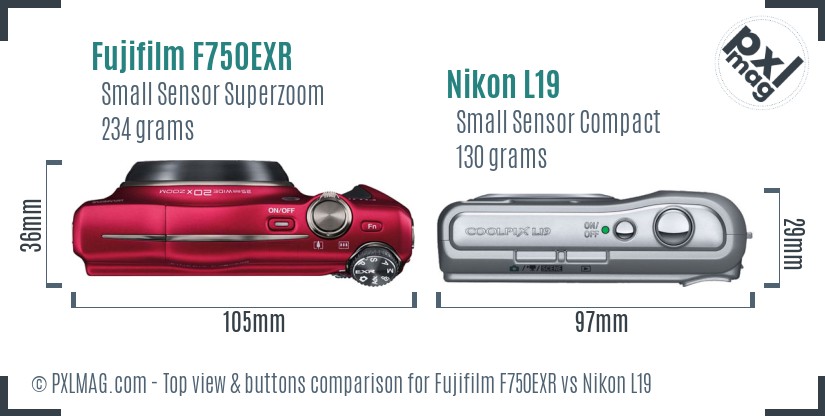 Fujifilm F750EXR vs Nikon L19 top view buttons comparison