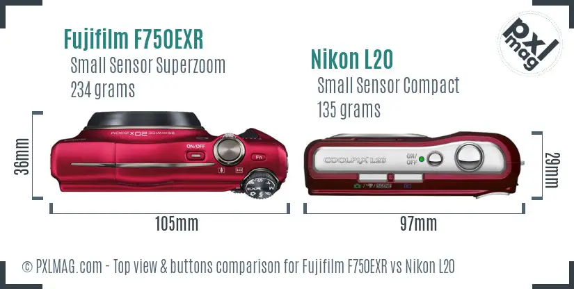 Fujifilm F750EXR vs Nikon L20 top view buttons comparison Fujifilm F750EXR vs Nikon L20 top view buttons comparison