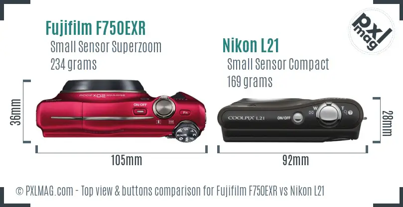 Fujifilm F750EXR vs Nikon L21 top view buttons comparison
