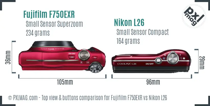 Fujifilm F750EXR vs Nikon L26 top view buttons comparison