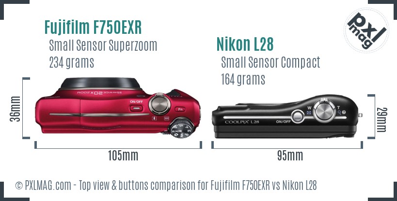 Fujifilm F750EXR vs Nikon L28 top view buttons comparison
