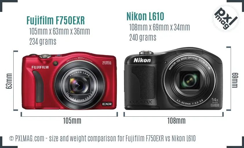 Fujifilm F750EXR vs Nikon L610 size comparison