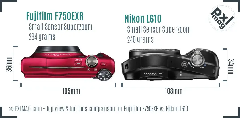 Fujifilm F750EXR vs Nikon L610 top view buttons comparison