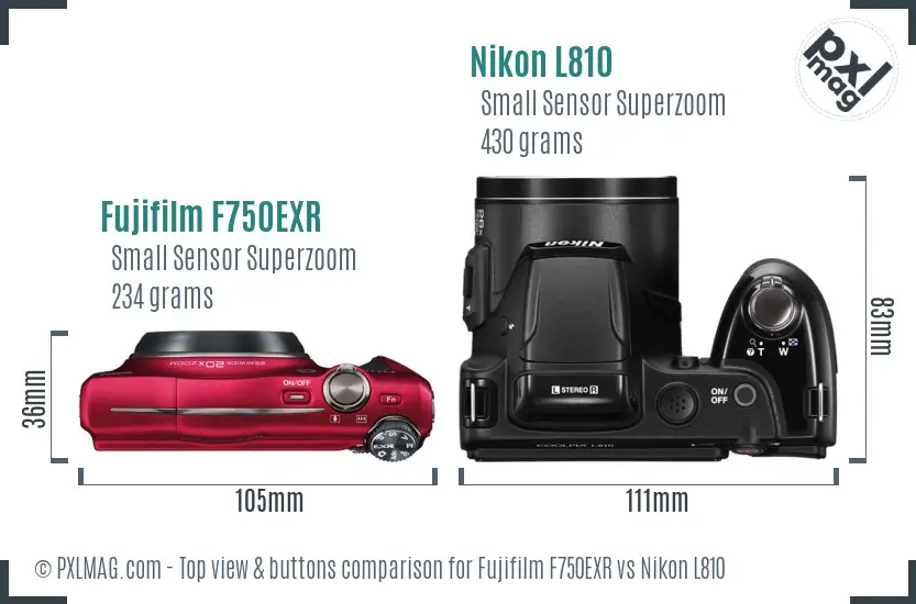 Fujifilm F750EXR vs Nikon L810 top view buttons comparison