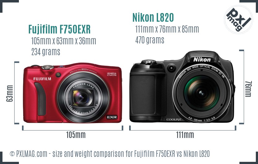 Fujifilm F750EXR vs Nikon L820 size comparison