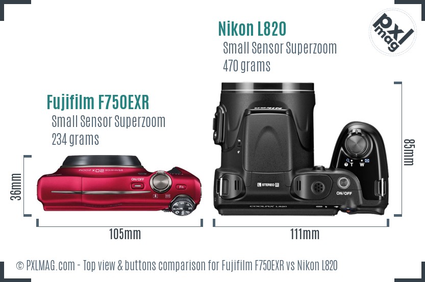 Fujifilm F750EXR vs Nikon L820 top view buttons comparison