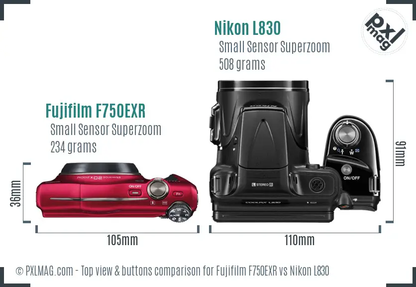 Fujifilm F750EXR vs Nikon L830 top view buttons comparison