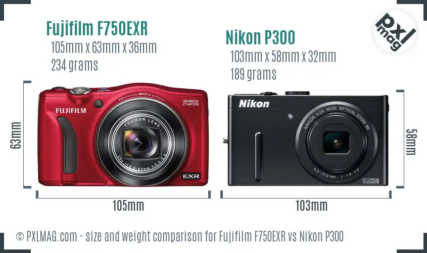 Fujifilm F750EXR vs Nikon P300 size comparison