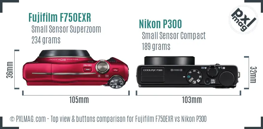 Fujifilm F750EXR vs Nikon P300 top view buttons comparison