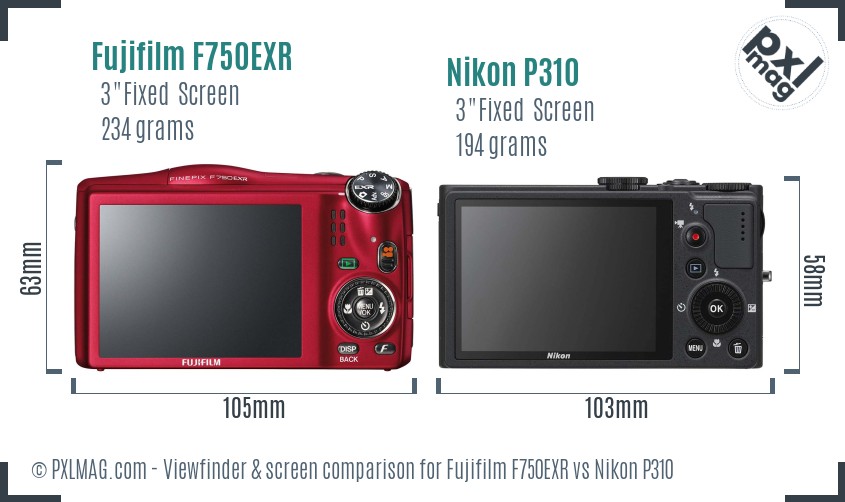 Fujifilm F750EXR vs Nikon P310 Screen and Viewfinder comparison