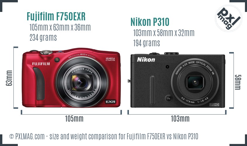 Fujifilm F750EXR vs Nikon P310 size comparison