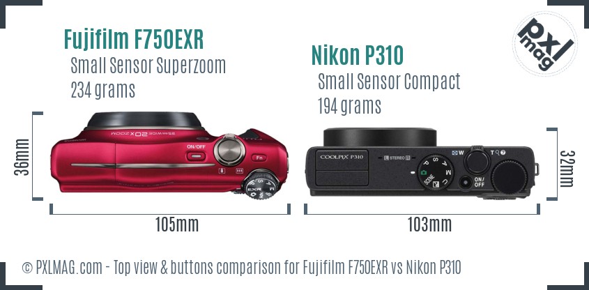 Fujifilm F750EXR vs Nikon P310 top view buttons comparison