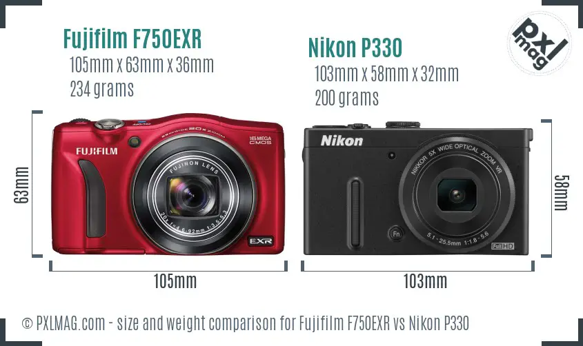Fujifilm F750EXR vs Nikon P330 size comparison