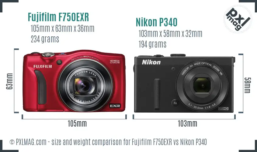 Fujifilm F750EXR vs Nikon P340 size comparison