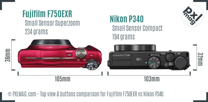 Fujifilm F750EXR vs Nikon P340 top view buttons comparison