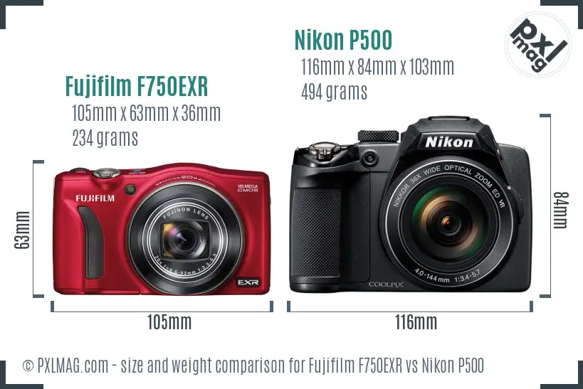 Fujifilm F750EXR vs Nikon P500 size comparison