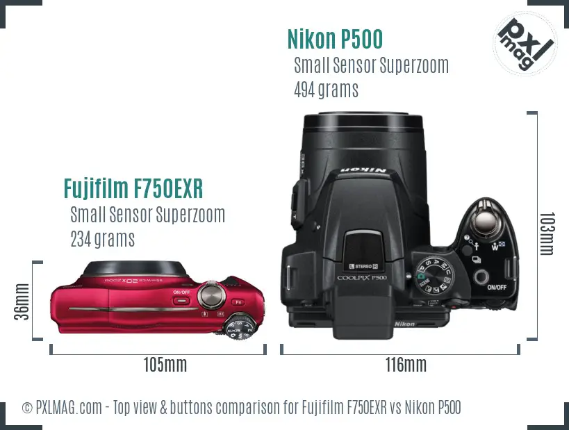 Fujifilm F750EXR vs Nikon P500 top view buttons comparison
