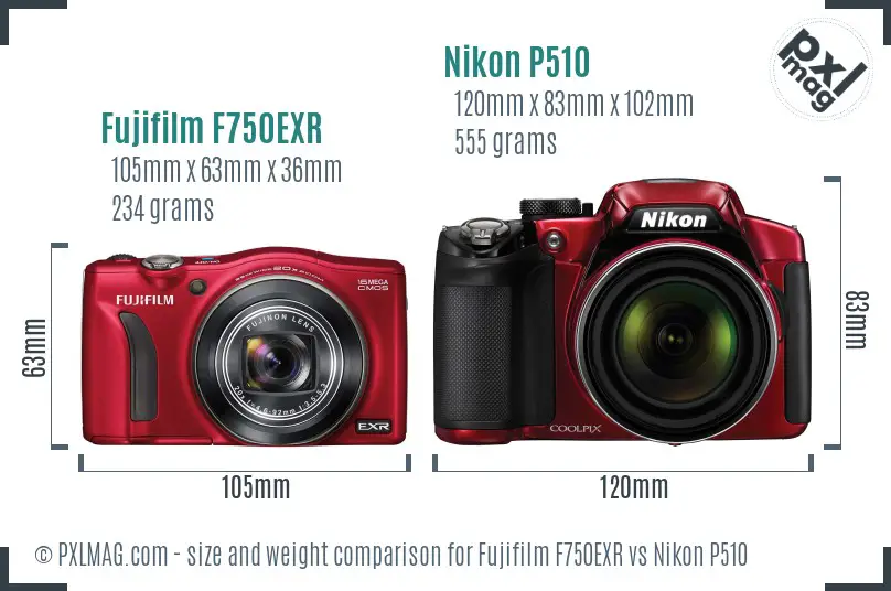 Fujifilm F750EXR vs Nikon P510 size comparison