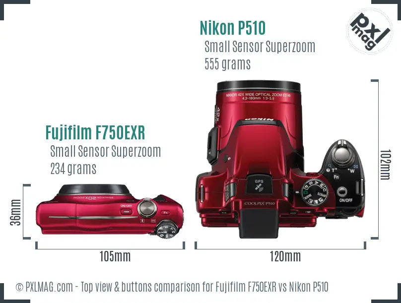Fujifilm F750EXR vs Nikon P510 top view buttons comparison