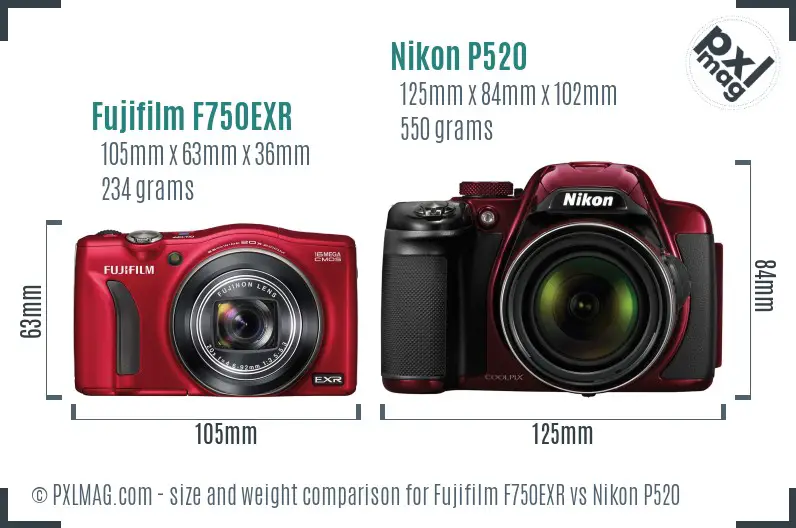 Fujifilm F750EXR vs Nikon P520 size comparison Fujifilm F750EXR vs Nikon P520 size comparison
