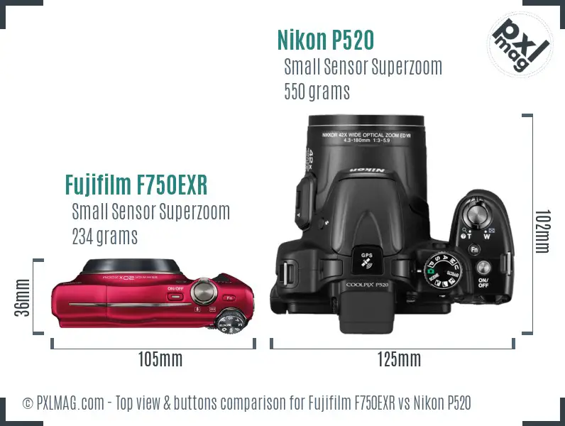 Fujifilm F750EXR vs Nikon P520 top view buttons comparison Fujifilm F750EXR vs Nikon P520 top view buttons comparison