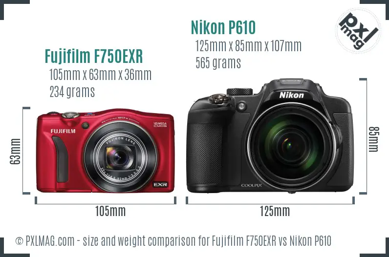 Fujifilm F750EXR vs Nikon P610 size comparison