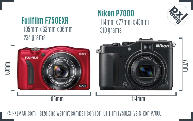 Fujifilm F750EXR vs Nikon P7000 size comparison