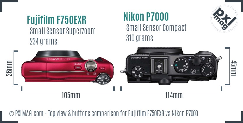 Fujifilm F750EXR vs Nikon P7000 top view buttons comparison