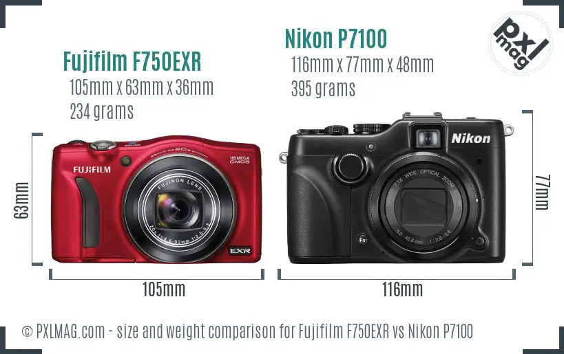 Fujifilm F750EXR vs Nikon P7100 size comparison