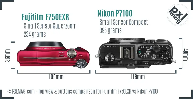 Fujifilm F750EXR vs Nikon P7100 top view buttons comparison