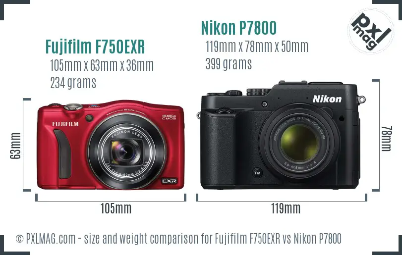 Fujifilm F750EXR vs Nikon P7800 size comparison